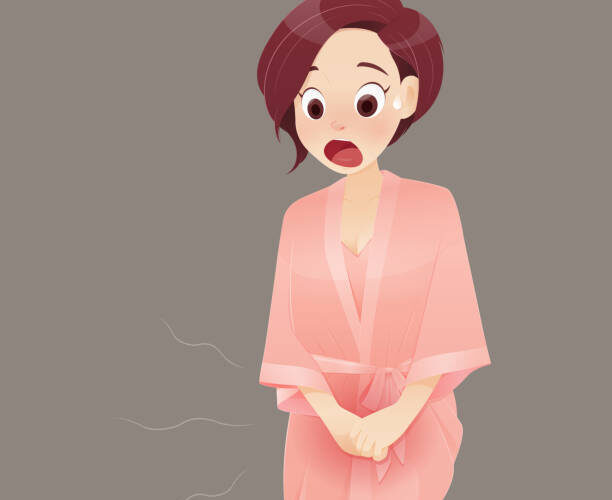 Cartoon woman in pink sleepwear with genital itching caused by the fungus. Vaginal Yeast Infection Symptoms. Concepts for illustration and vector design